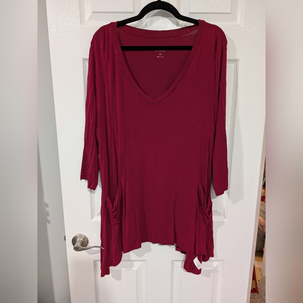 LOGO Lori Goldstein Maroon V-Neck 3/4 Tunic Top in Size 2X
